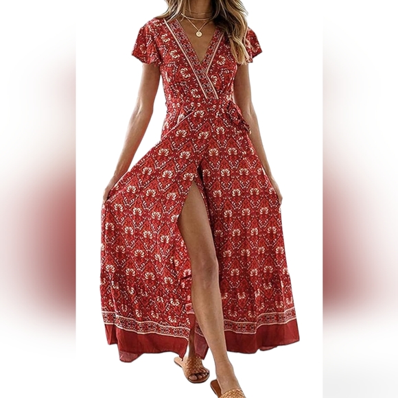 ZESICA Dresses & Skirts - ZESICA Women's Floral Print Wrap V-neck short sleeve Maxi Dress, size L